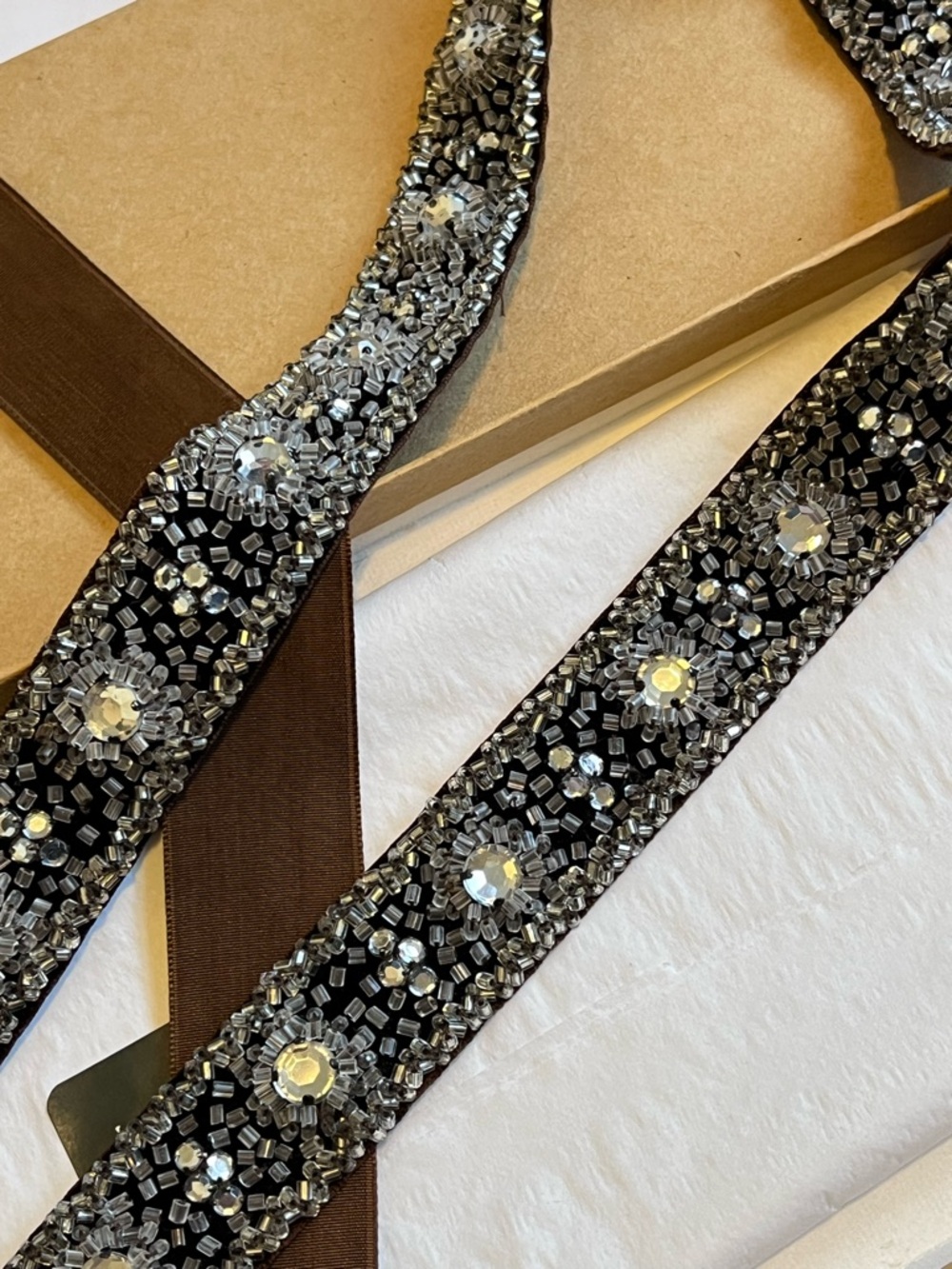 J. Crew Beaded Jeweled Sash Belt in Chocolate Brown Velvet with Clear Beads - Picture 4 of 8